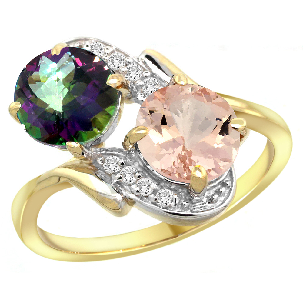10K Yellow Gold Diamond Natural Mystic Topaz &amp; Morganite Mother&#039;s Ring Round 7mm, 3/4 inch wide, sizes 5 - 10