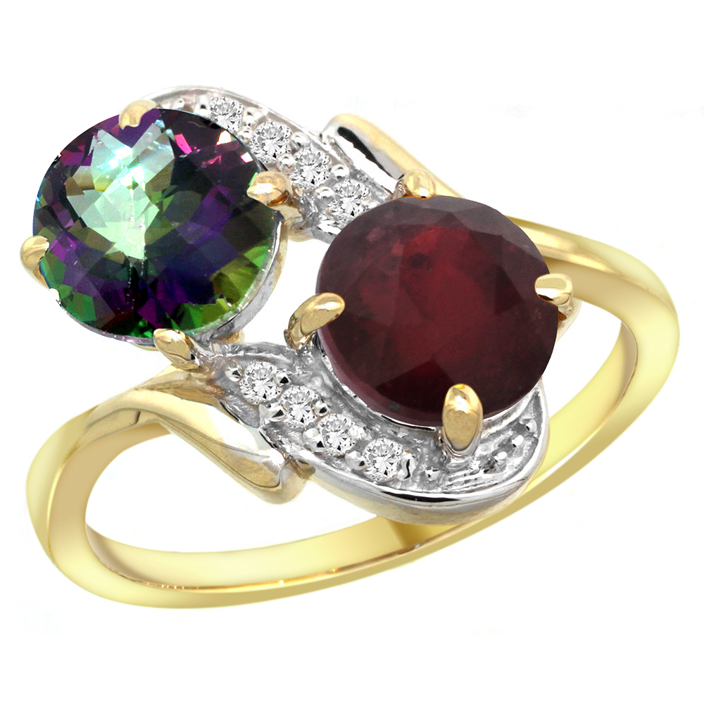 10K Yellow Gold Diamond Natural Mystic Topaz &amp; Enhanced Genuine Ruby Mother&#039;s Ring Round 7mm, 3/4 inch wide, sizes 5 - 10