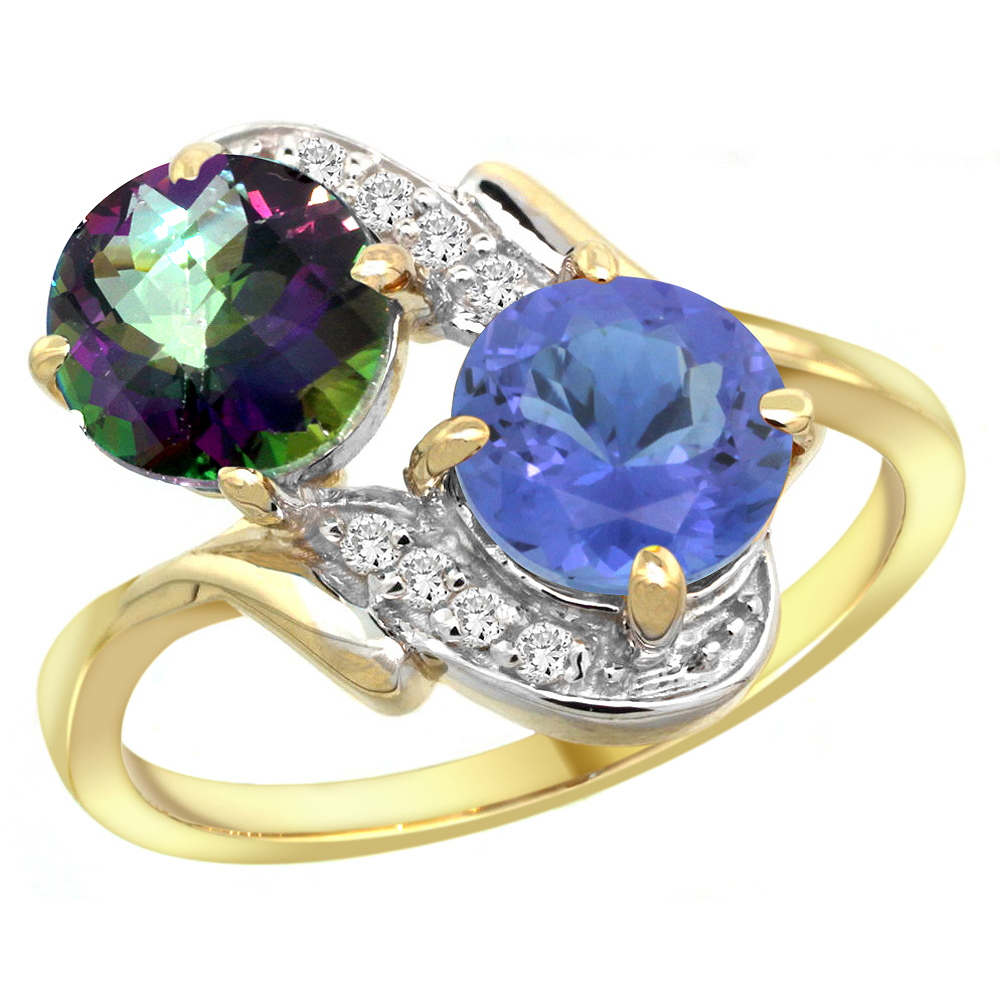 10K Yellow Gold Diamond Natural Mystic Topaz &amp; Tanzanite Mother&#039;s Ring Round 7mm, 3/4 inch wide, sizes 5 - 10