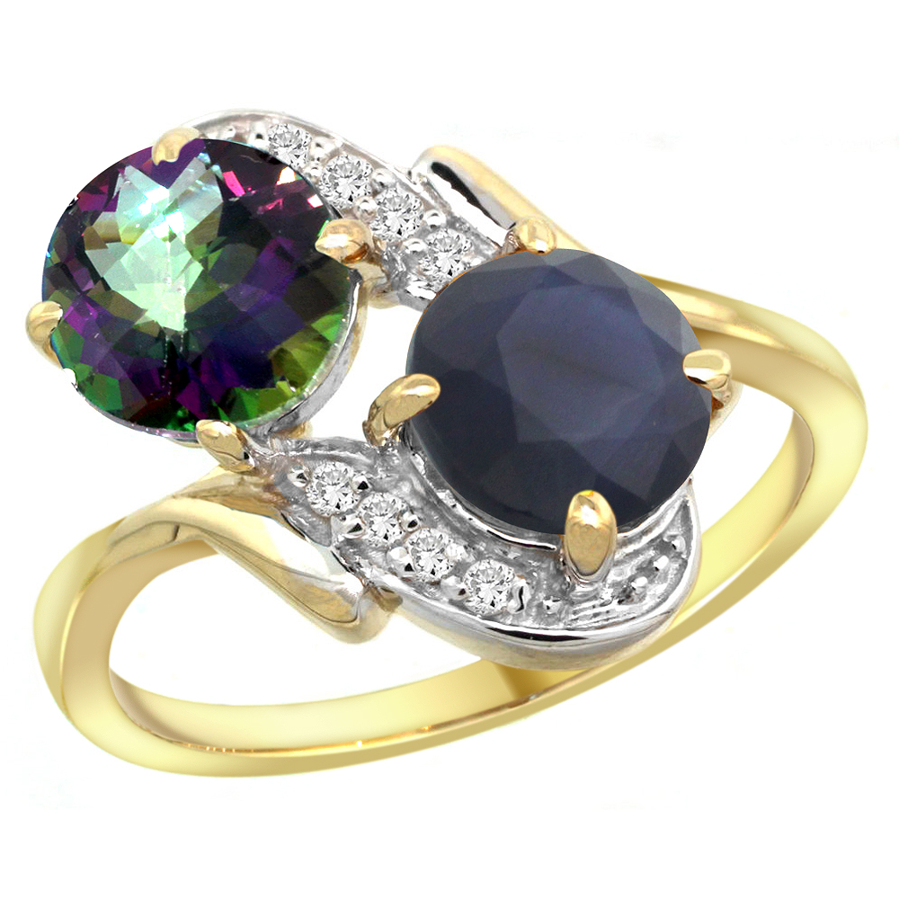 10K Yellow Gold Diamond Natural Mystic Topaz&amp;Quality Blue Sapphire 2-stone Mothers Ring Round 7mm,sz5-10