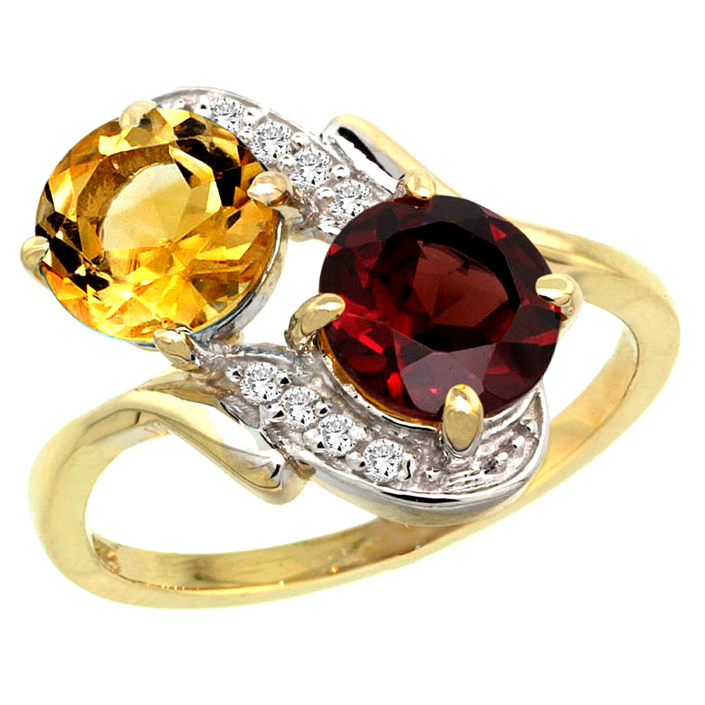 10K Yellow Gold Diamond Natural Citrine & Garnet Mother's Ring Round 7mm, 3/4 inch wide, sizes 5 - 10