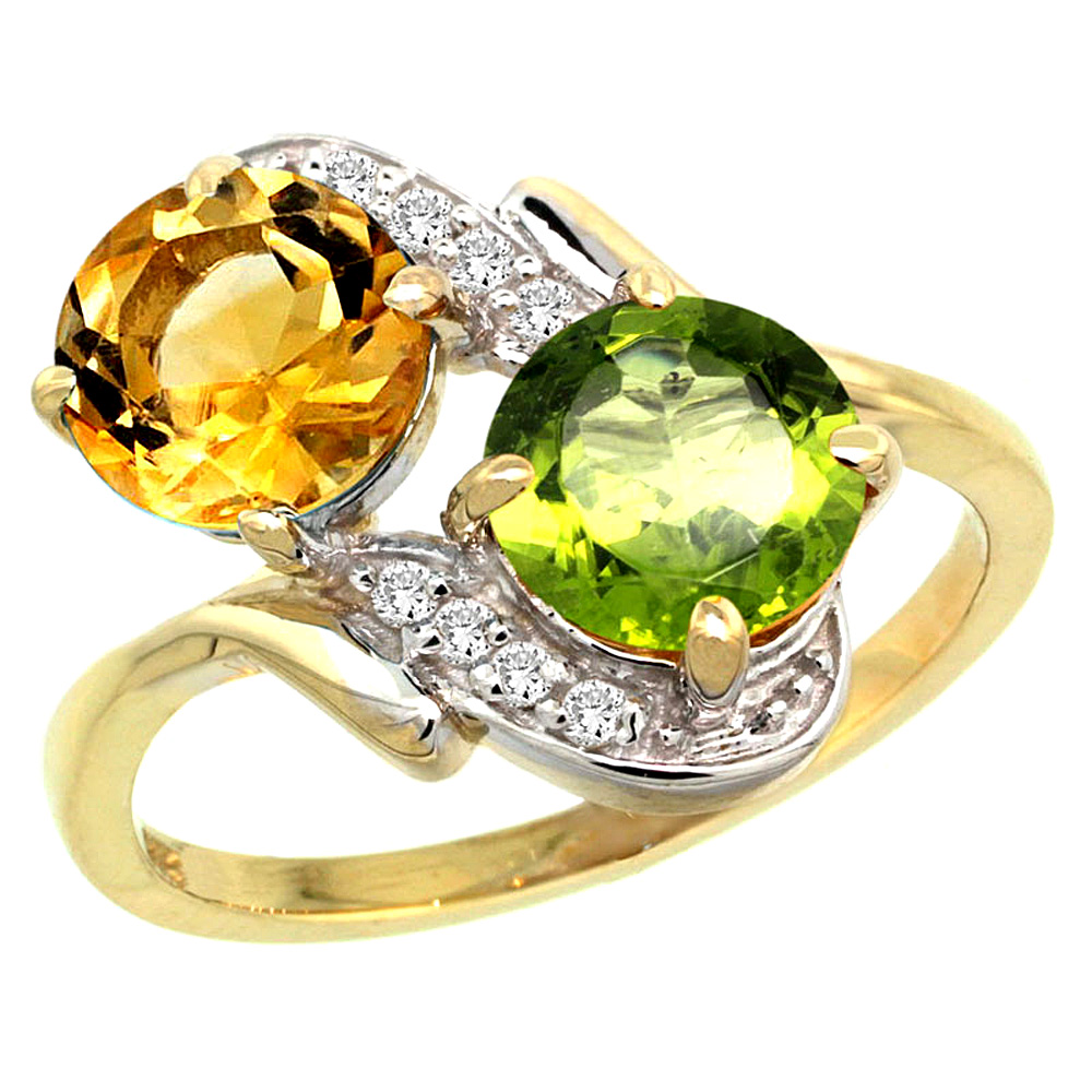 14k Yellow Gold Diamond Natural Citrine & Peridot Mother's Ring Round 7mm, 3/4 inch wide, sizes 5 - 10