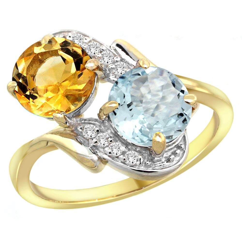 10K Yellow Gold Diamond Natural Citrine & Aquamarine Mother's Ring Round 7mm, 3/4 inch wide, sizes 5 - 10