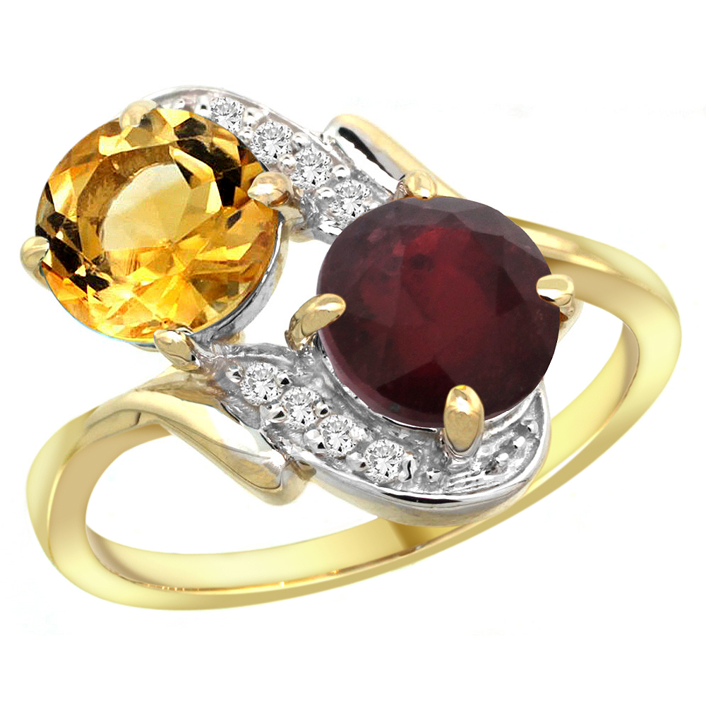14k Yellow Gold Diamond Natural Citrine &amp; Enhanced Genuine Ruby Mother&#039;s Ring Round 7mm, 3/4 inch wide, sizes 5 - 10