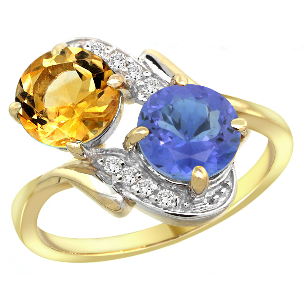 10K Yellow Gold Diamond Natural Citrine & Tanzanite Mother's Ring Round 7mm, 3/4 inch wide, sizes 5 - 10