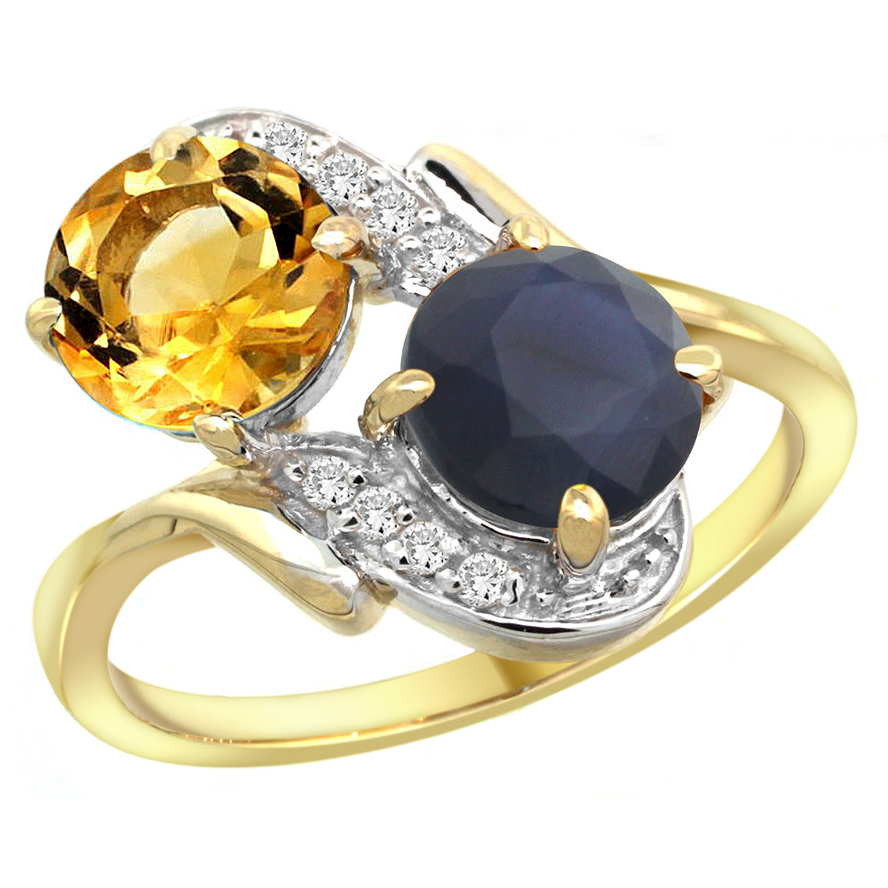 14k Yellow Gold Diamond Natural Citrine &amp; Quality Blue Sapphire 2-stone Mothers Ring Round 7mm, size 5-10