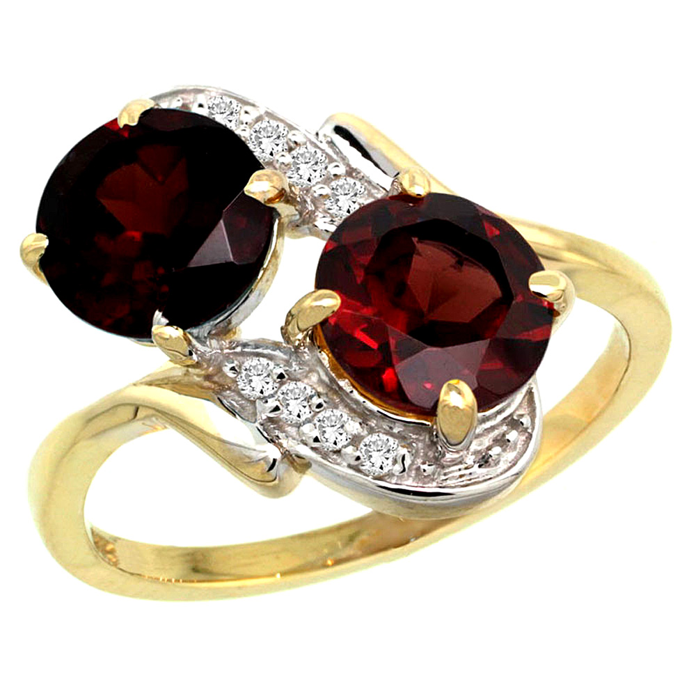 10K Yellow Gold Diamond Natural Garnet Mother's Ring Round 7mm, 3/4 inch wide, sizes 5 - 10