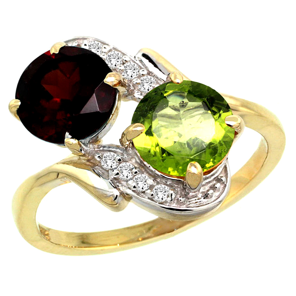 14k Yellow Gold Diamond Natural Garnet & Peridot Mother's Ring Round 7mm, 3/4 inch wide, sizes 5 - 10