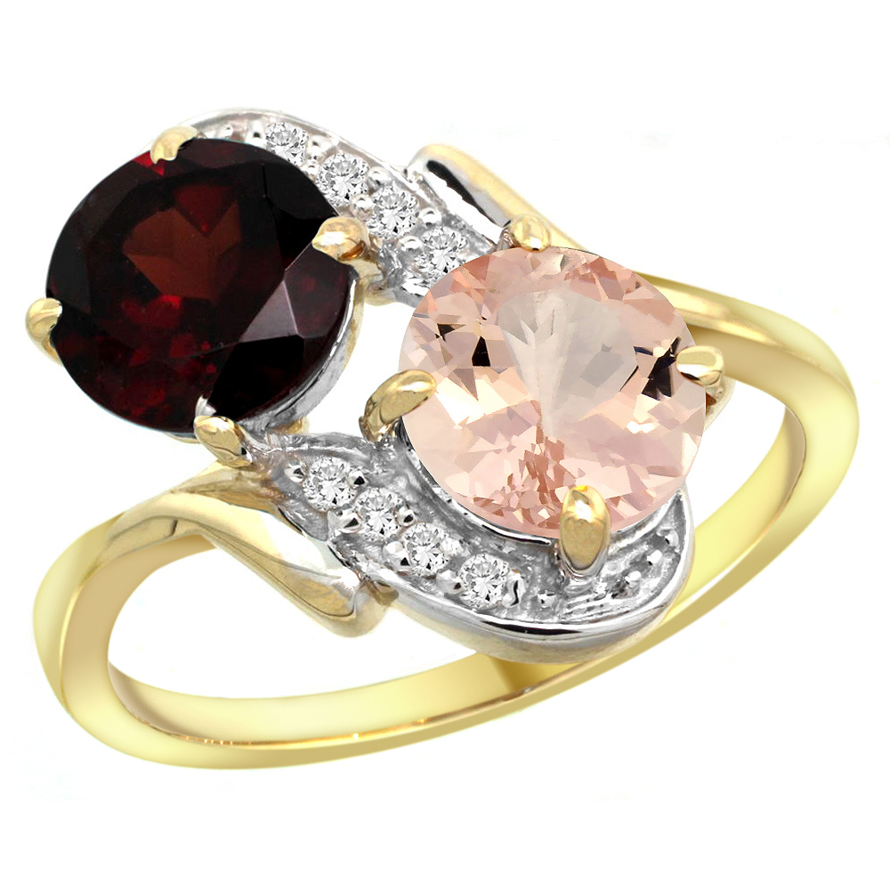 10K Yellow Gold Diamond Natural Garnet & Morganite Mother's Ring Round 7mm, 3/4 inch wide, sizes 5 - 10