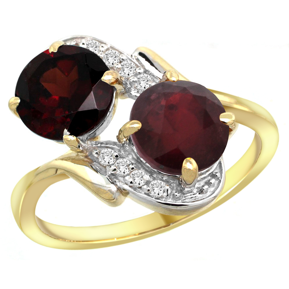 10K Yellow Gold Diamond Natural Garnet & Enhanced Genuine Ruby Mother's Ring Round 7mm, 3/4 inch wide, sizes 5 - 10