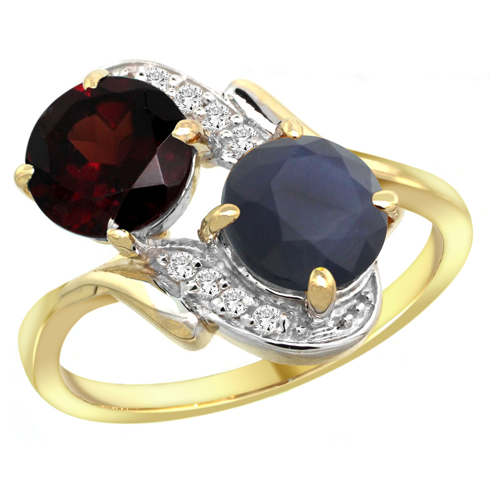 14k Yellow Gold Diamond Natural Garnet &amp; Quality Blue Sapphire 2-stone Mothers Ring Round 7mm, size 5-10