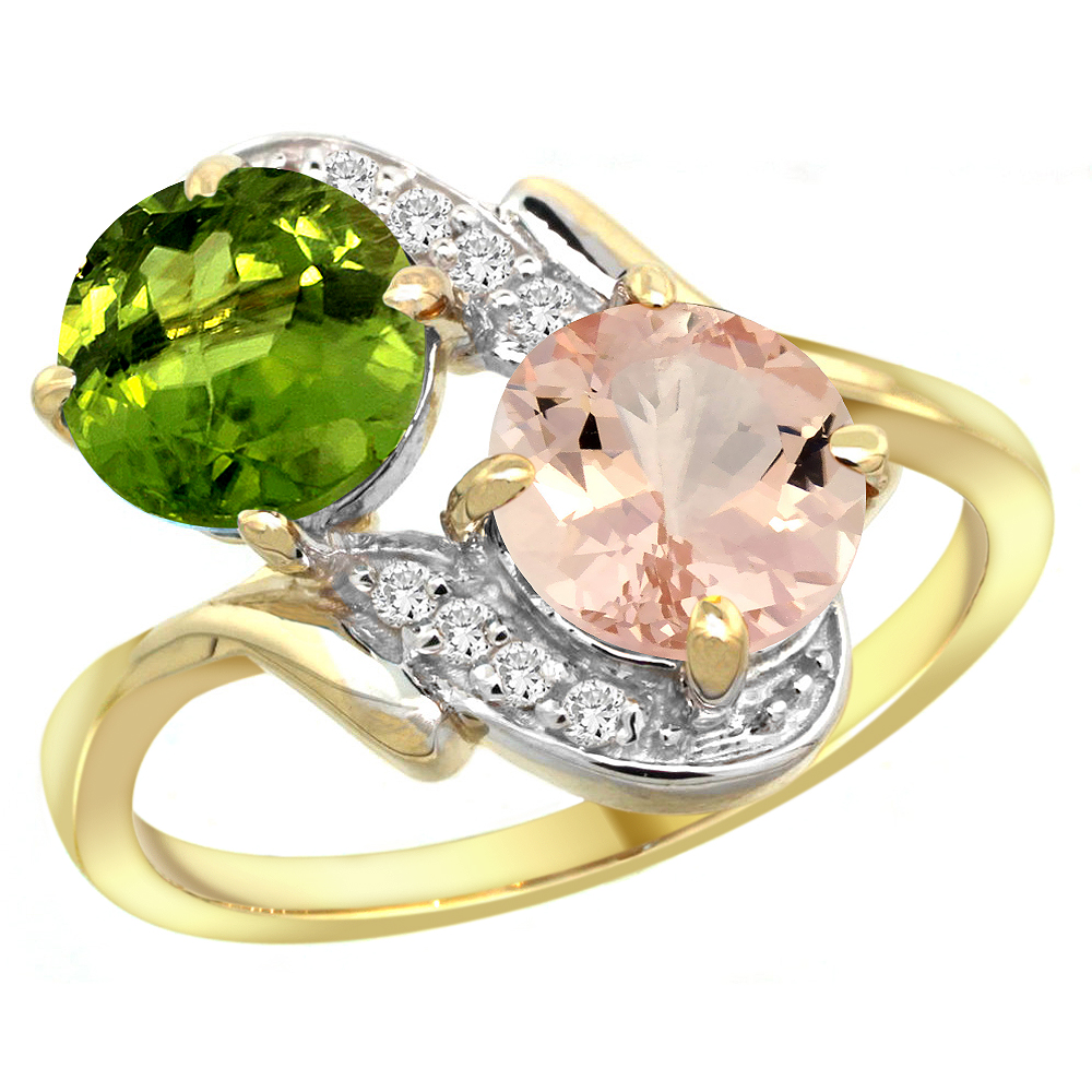 14k Yellow Gold Diamond Natural Peridot &amp; Morganite Mother&#039;s Ring Round 7mm, 3/4 inch wide, sizes 5 - 10