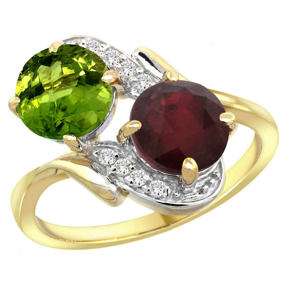 14k Yellow Gold Diamond Natural Peridot &amp; Enhanced Genuine Ruby Mother&#039;s Ring Round 7mm, 3/4 inch wide, sizes 5 - 10