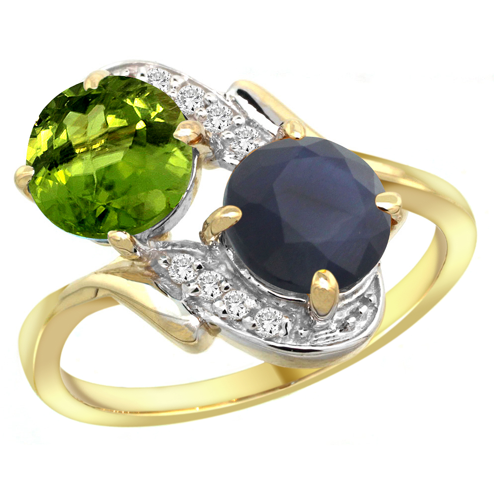 14k Yellow Gold Diamond Natural Peridot & Quality Blue Sapphire 2-stone Mothers Ring Round 7mm, size 5-10