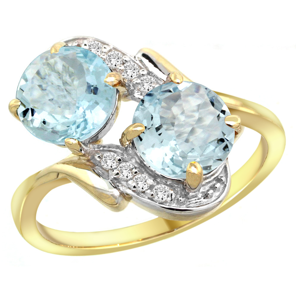 14k Yellow Gold Diamond Natural Aquamarine Mother&#039;s Ring Round 7mm, 3/4 inch wide, sizes 5 - 10