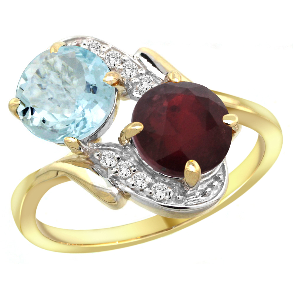 14k Yellow Gold Diamond Natural Aquamarine & Enhanced Genuine Ruby Mother's Ring Round 7mm, 3/4 inch wide, sizes 5 - 10