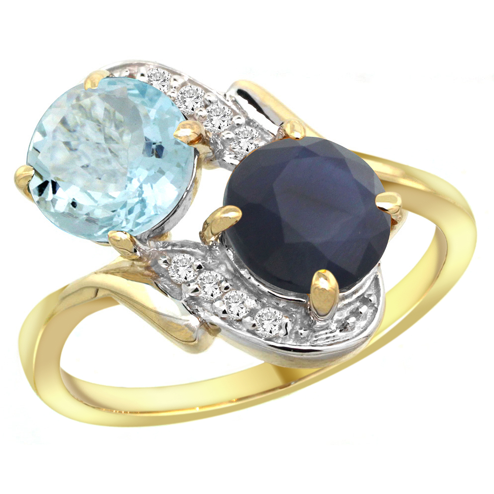 10K Yellow Gold Diamond Natural Aquamarine & Quality Blue Sapphire 2-stone Mothers Ring Round 7mm,sz 5-10