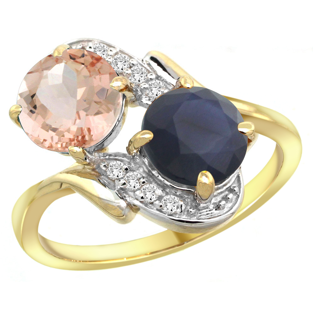 14k Yellow Gold Diamond Natural Morganite &amp; Quality Blue Sapphire 2-stone Mothers Ring Round 7mm,sz 5-10