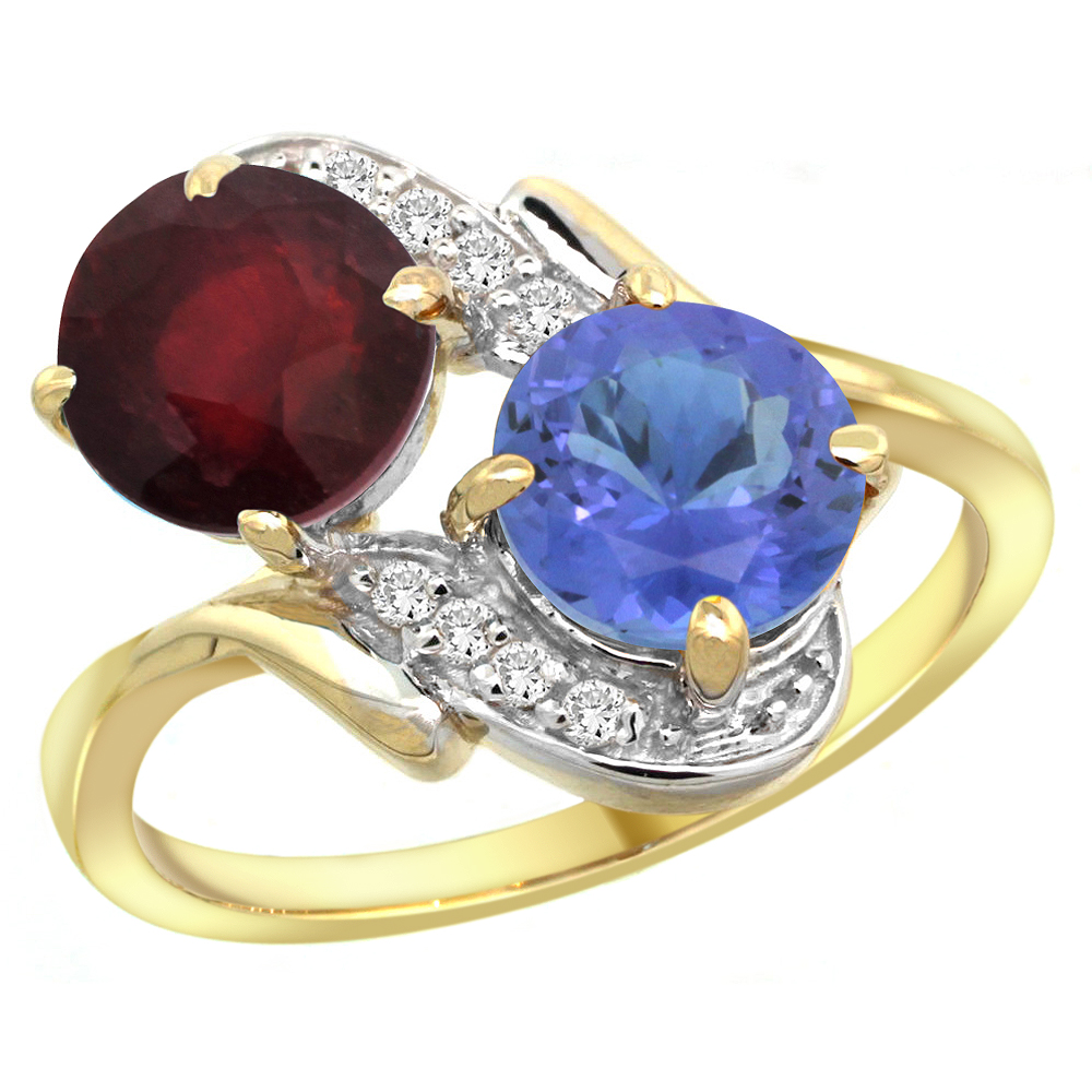 10K Yellow Gold Diamond Enhanced Genuine Ruby &amp; Natural Tanzanite Mother&#039;s Ring Round 7mm, 3/4 inch wide, sizes 5 - 10