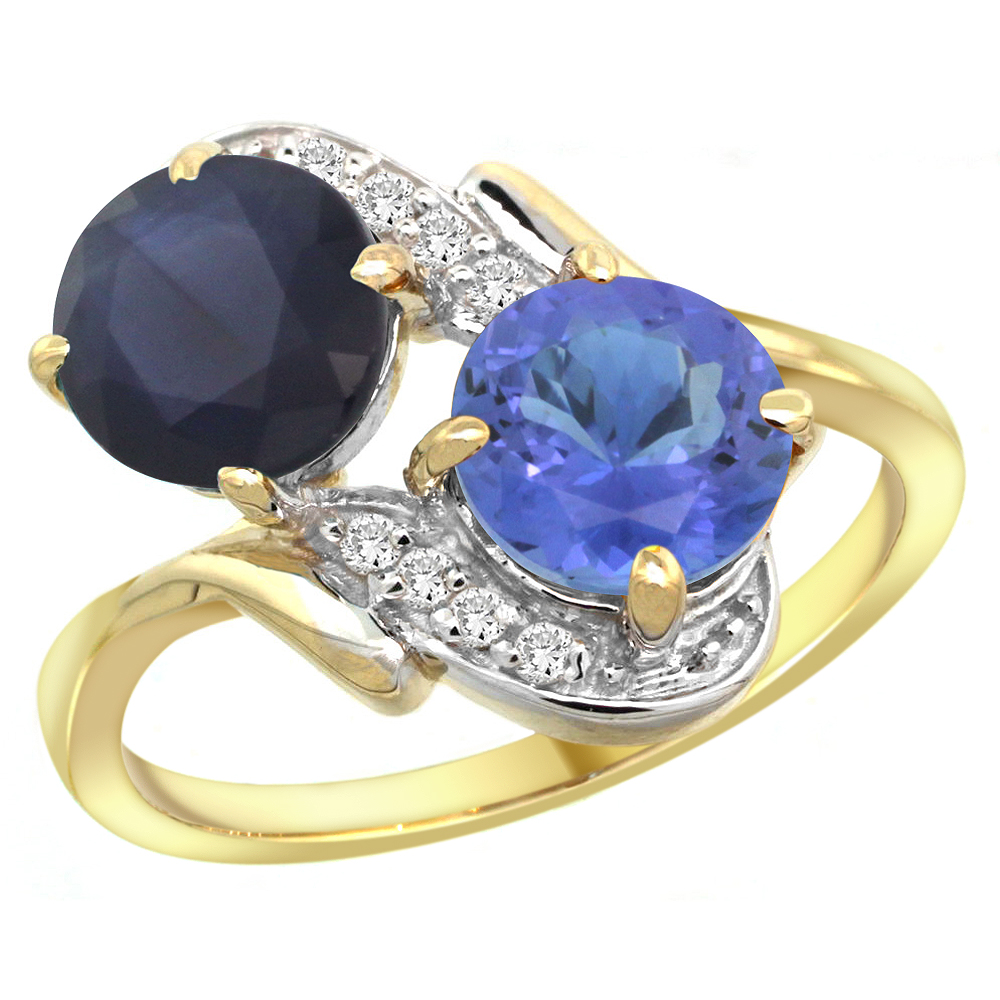 10K Yellow Gold Diamond Natural Quality Blue Sapphire &amp; Tanzanite 2-stone Mothers Ring Round 7mm,sz5 - 10