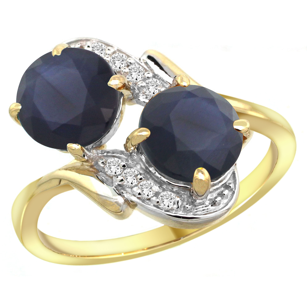 14k Yellow Gold Diamond Natural Quality Blue Sapphire 2-stone Mothers Ring Round 7mm, size 5 - 10