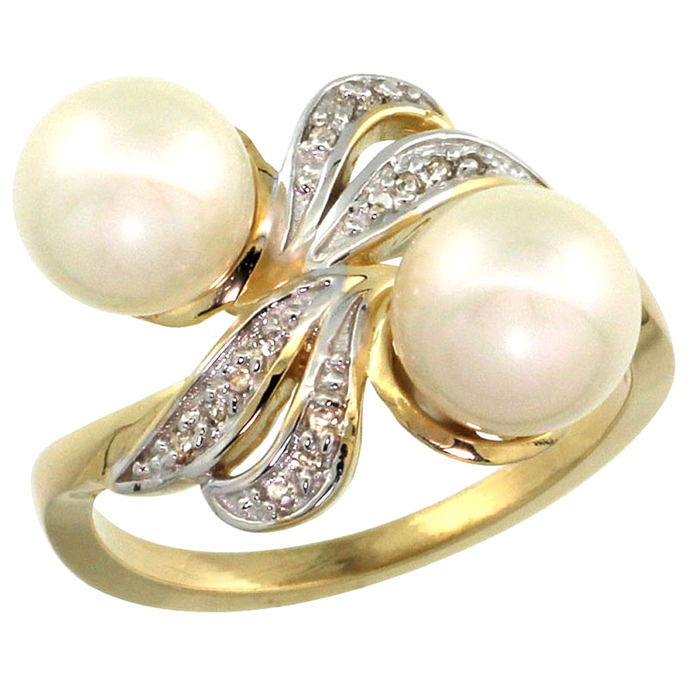 14k Yellow Gold Diamond 8mm Round White Pearl Bypass Ring Ribbon Design 0.12ct, size 5-10