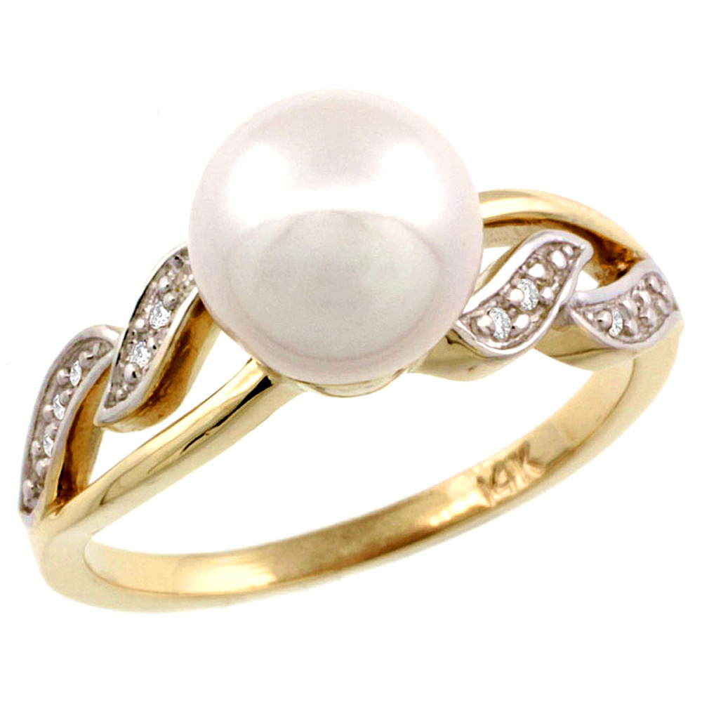 14k Gold Wavy Pearl Ring w/ 0.043 Carat Brilliant Cut ( H-I Color; VS2-SI1 Clarity ) Diamonds & 9mm White Pearl, 11/32 in. (9mm) wide