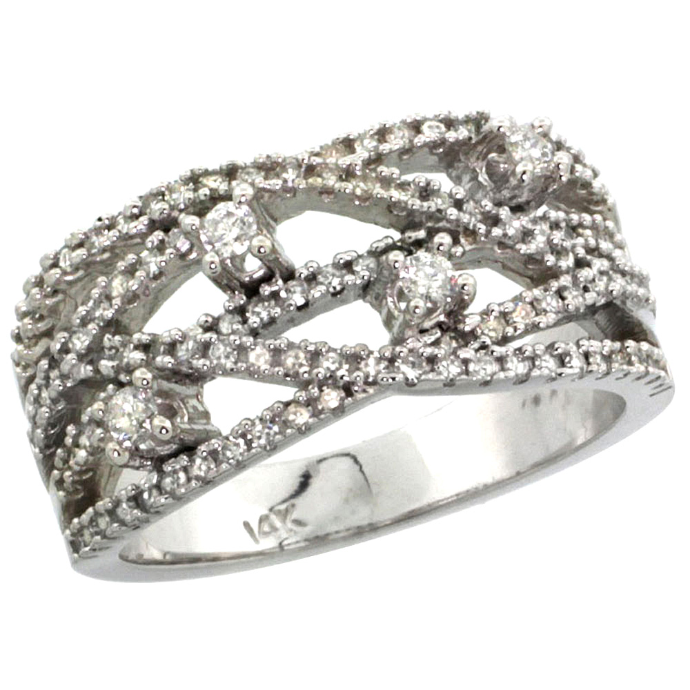 14k White Gold Diamond Braided Ring 0.6 ct Brilliant Cut 3/8 inch wide, size 5-10