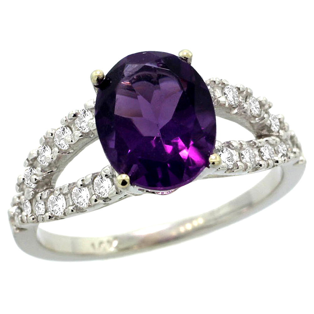 14k White Gold Natural Amethyst Ring Oval 10x8mm Diamond Accent, 3/8inch wide, sizes 5 - 10 