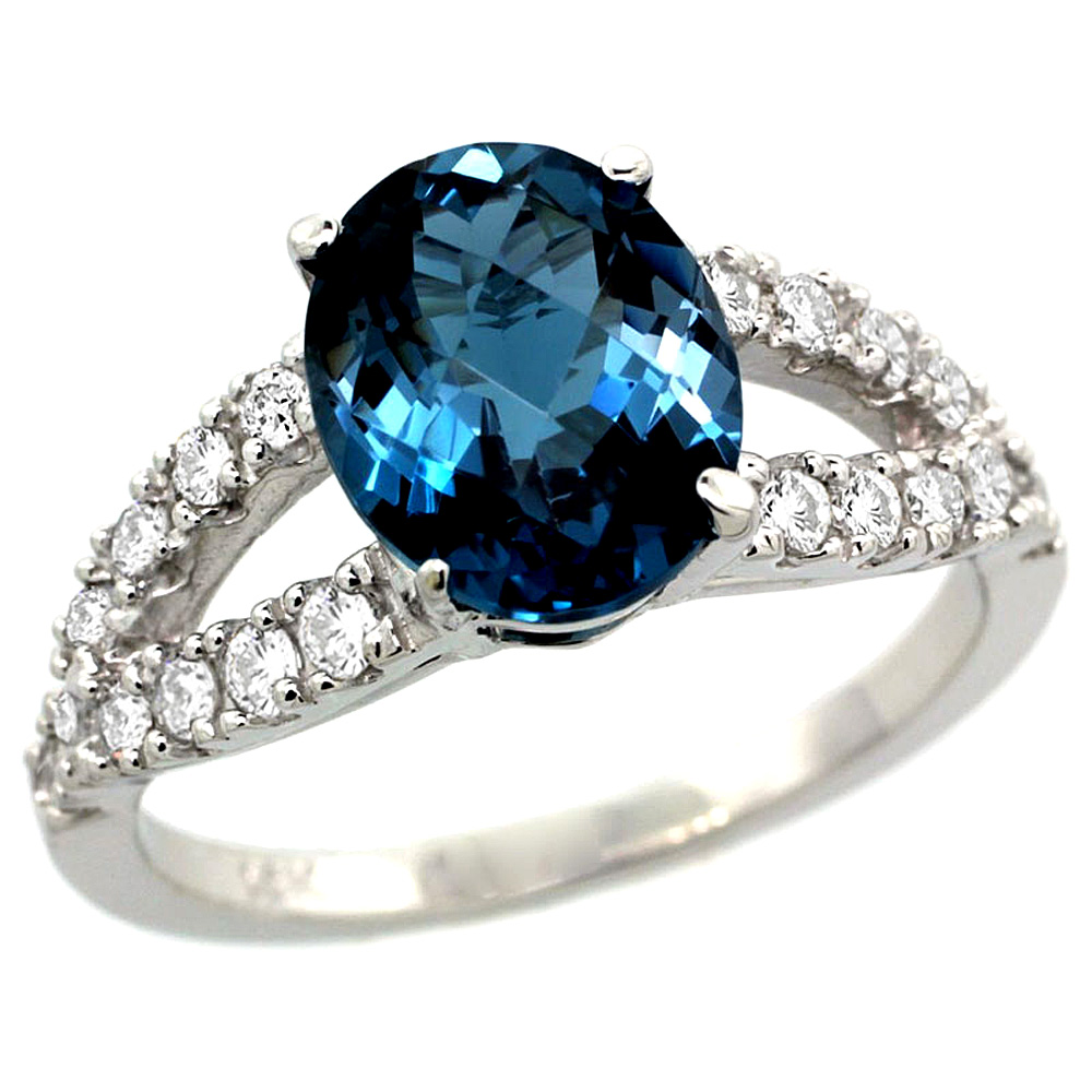 14k White Gold Natural London Blue Topaz Ring Oval 10x8mm Diamond Accent, 3/8inch wide, sizes 5 - 10 
