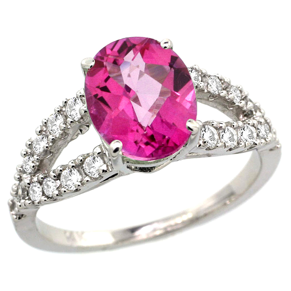 14k White Gold Natural Pink Topaz Ring Oval 10x8mm Diamond Accent, 3/8inch wide, sizes 5 - 10 