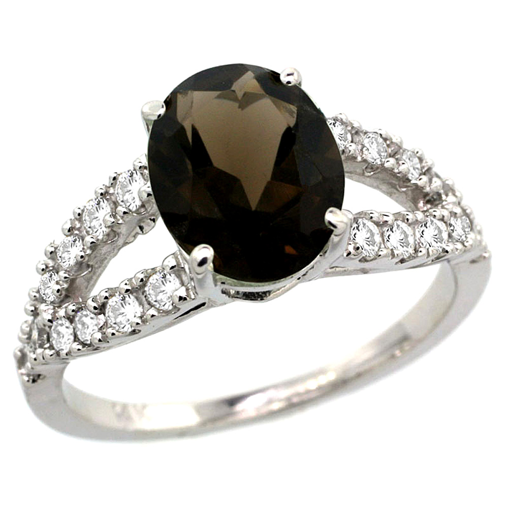 14k White Gold Natural Smoky Topaz Ring Oval 10x8mm Diamond Accent, 3/8inch wide, sizes 5 - 10 