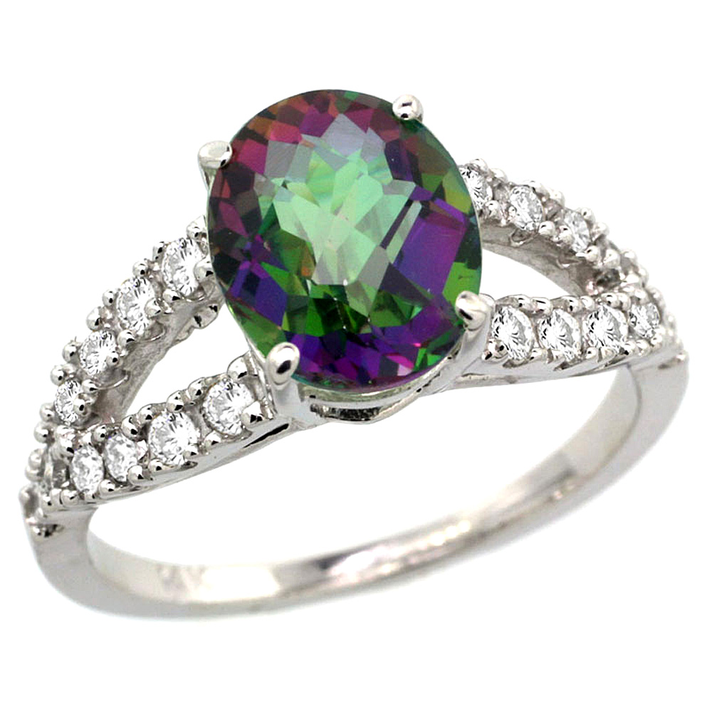14k White Gold Natural Mystic Topaz Ring Oval 10x8mm Diamond Accent, 3/8inch wide, sizes 5 - 10 