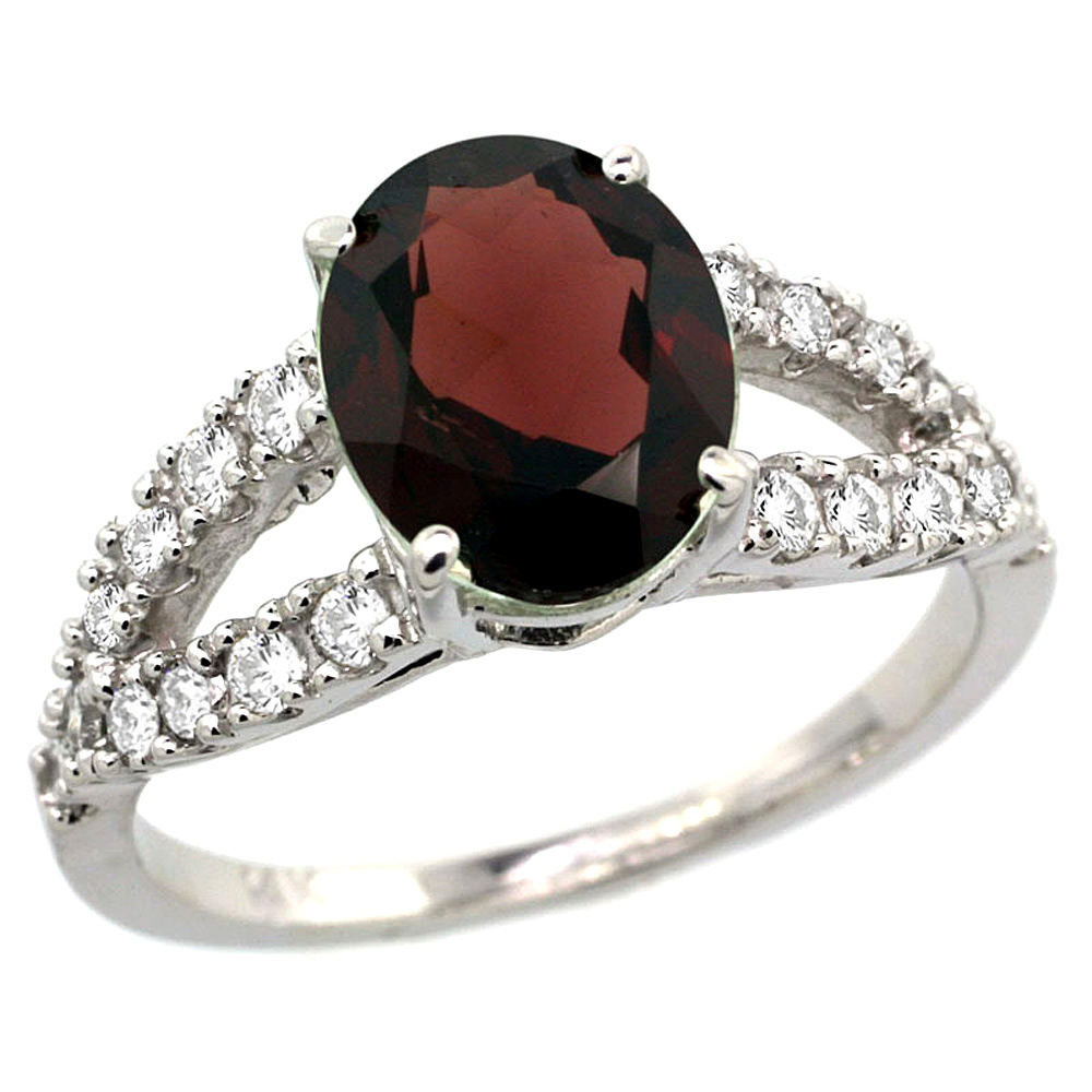 14k White Gold Natural Garnet Ring Oval 10x8mm Diamond Accent, 3/8inch wide, sizes 5 - 10 