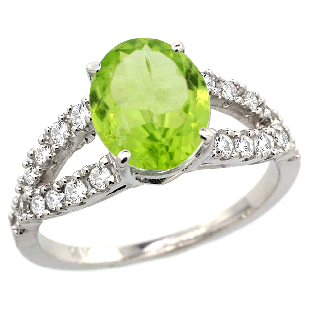 14k White Gold Natural Peridot Ring Oval 10x8mm Diamond Accent, 3/8inch wide, sizes 5 - 10 