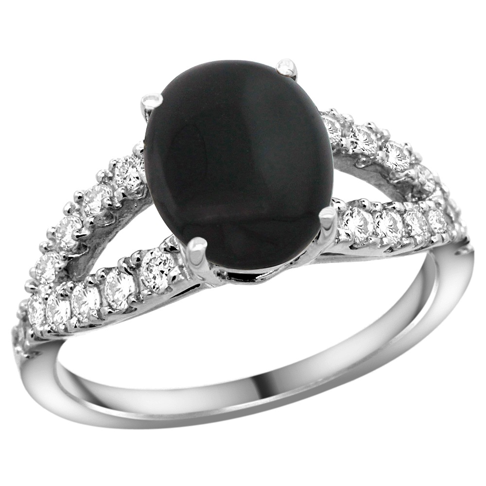 14k White Gold Natural Black Onyx Ring Oval 10x8mm Diamond Accent, 3/8inch wide, sizes 5 - 10 