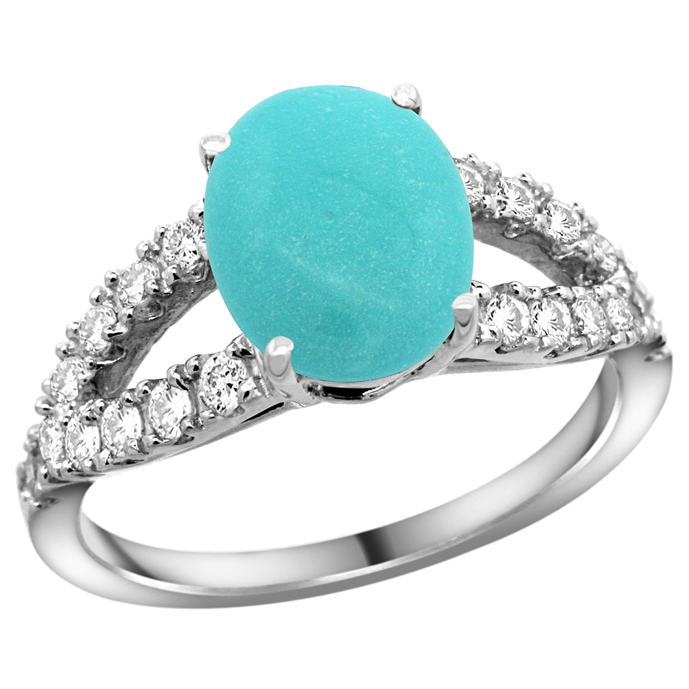 14k White Gold Natural Turquoise Ring Oval 10x8mm Diamond Accent, 3/8inch wide, sizes 5 - 10 