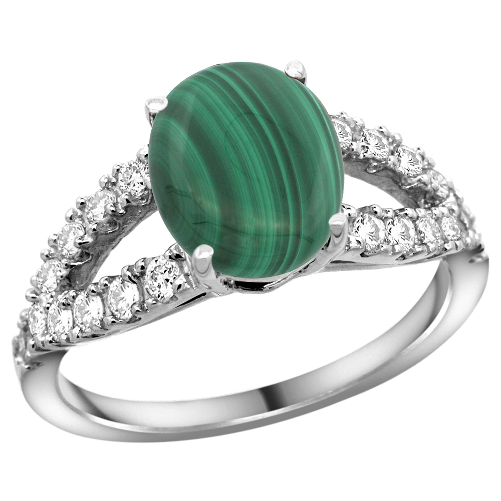 14k White Gold Natural Malachite Ring Oval 10x8mm Diamond Accent, 3/8inch wide, sizes 5 - 10 