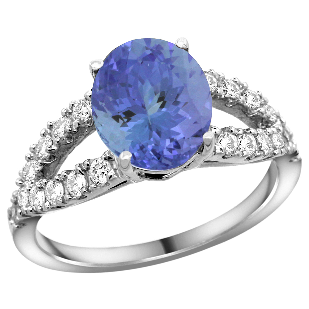 14k White Gold Natural Tanzanite Ring Oval 10x8mm Diamond Accent, 3/8inch wide, sizes 5 - 10 