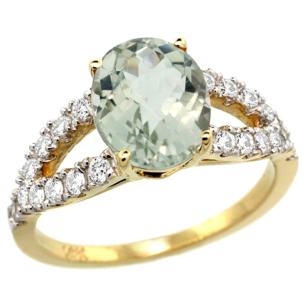 14k Yellow Gold Natural Green Amethyst Ring Oval 10x8mm Diamond Accent, 3/8inch wide, sizes 5 - 10 