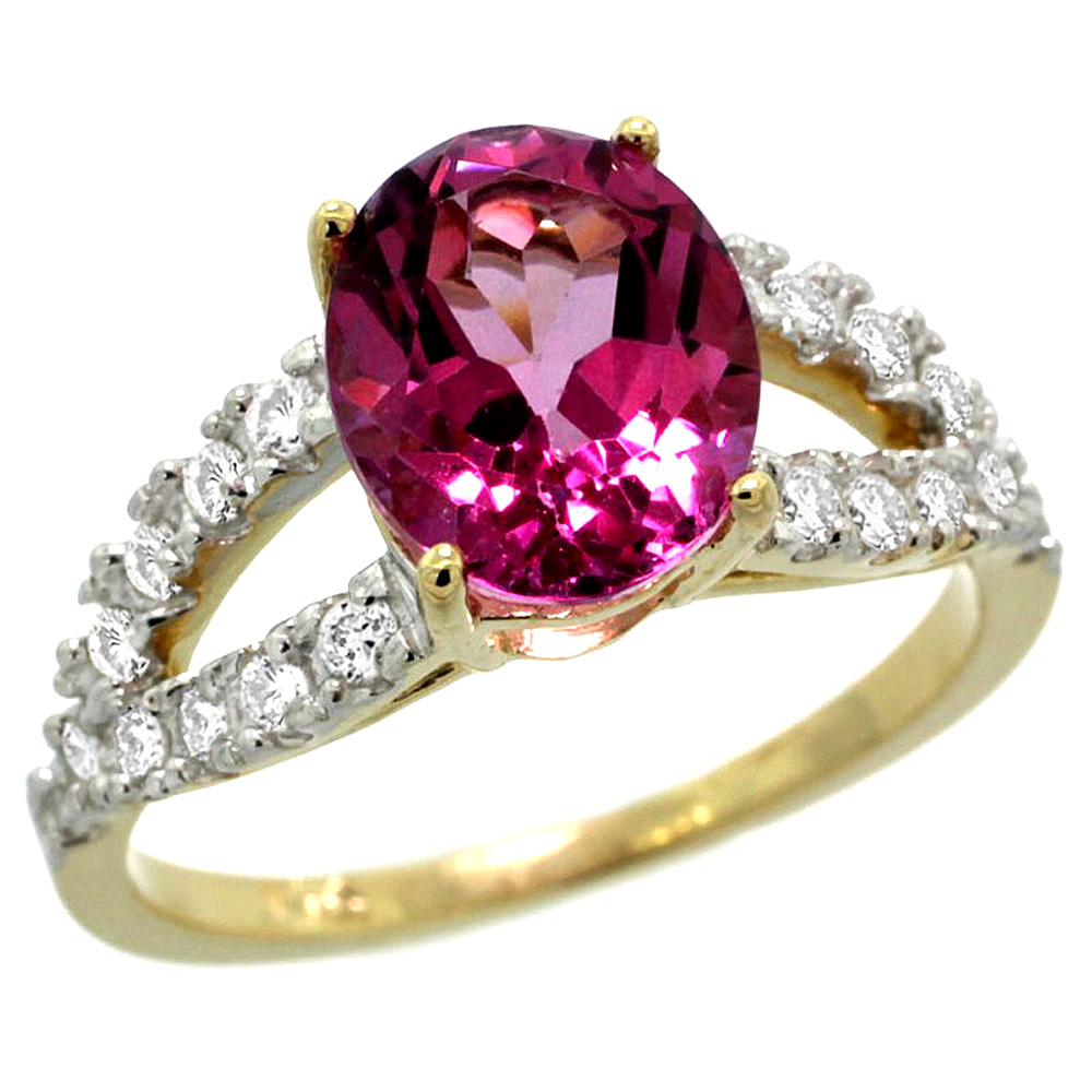 14k Yellow Gold Natural Pink Topaz Ring Oval 10x8mm Diamond Accent, 3/8inch wide, sizes 5 - 10 