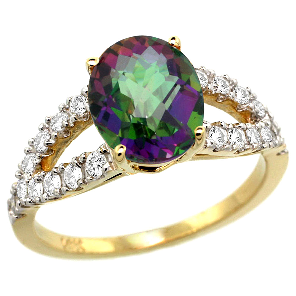 14k Yellow Gold Natural Mystic Topaz Ring Oval 10x8mm Diamond Accent, 3/8inch wide, sizes 5 - 10 