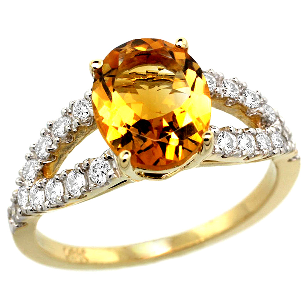14k Yellow Gold Natural Citrine Ring Oval 10x8mm Diamond Accent, 3/8inch wide, sizes 5 - 10 