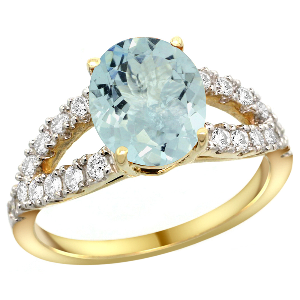 14k Yellow Gold Natural Aquamarine Ring Oval 10x8mm Diamond Accent, 3/8inch wide, sizes 5 - 10 