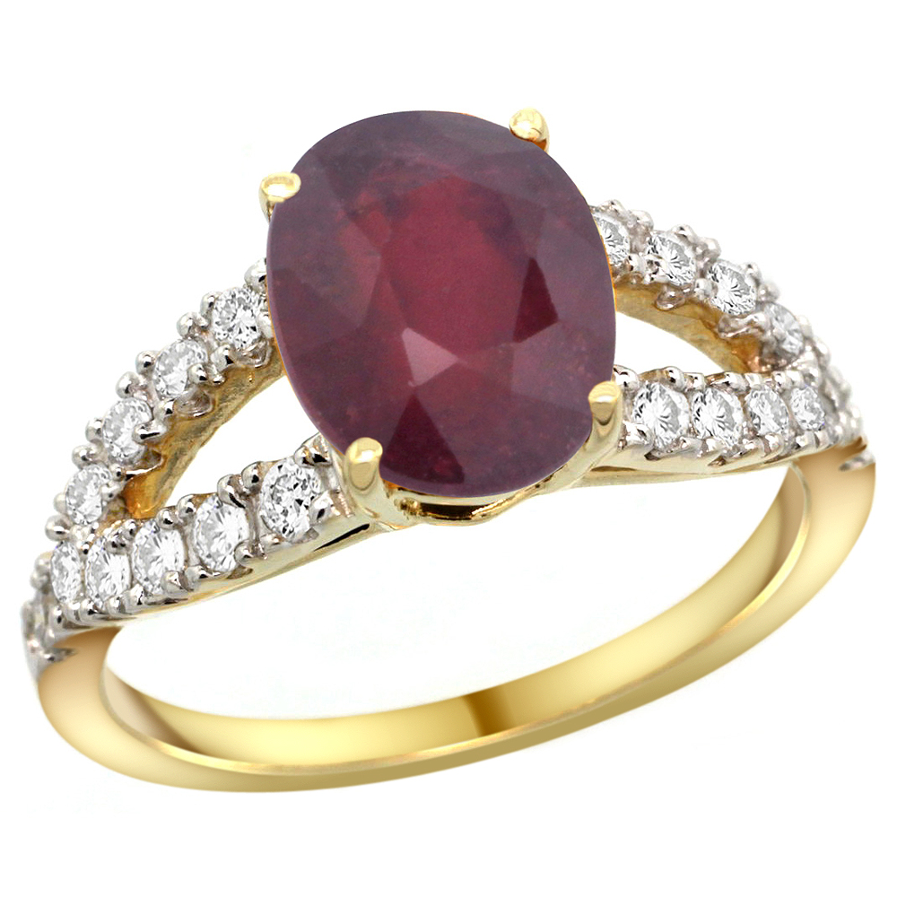 14k Yellow Gold Natural Enhanced Ruby Ring Oval 10x8mm Diamond Accent, 3/8inch wide, sizes 5 - 10 