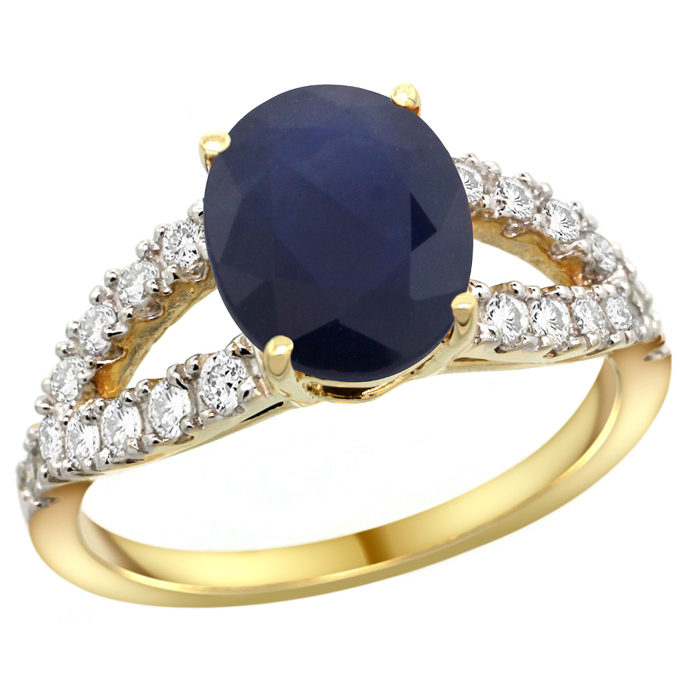 14k Yellow Gold Natural Blue Sapphire Ring Oval 10x8mm Diamond Accent, 3/8inch wide, sizes 5 - 10 