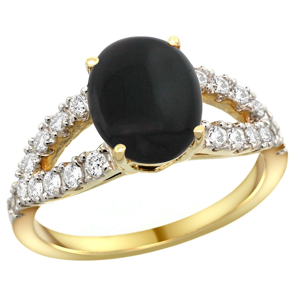 14k Yellow Gold Natural Black Onyx Ring Oval 10x8mm Diamond Accent, 3/8inch wide, sizes 5 - 10 