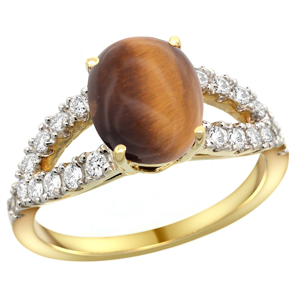 14k Yellow Gold Natural Tiger Eye Ring Oval 10x8mm Diamond Accent, 3/8inch wide, sizes 5 - 10 