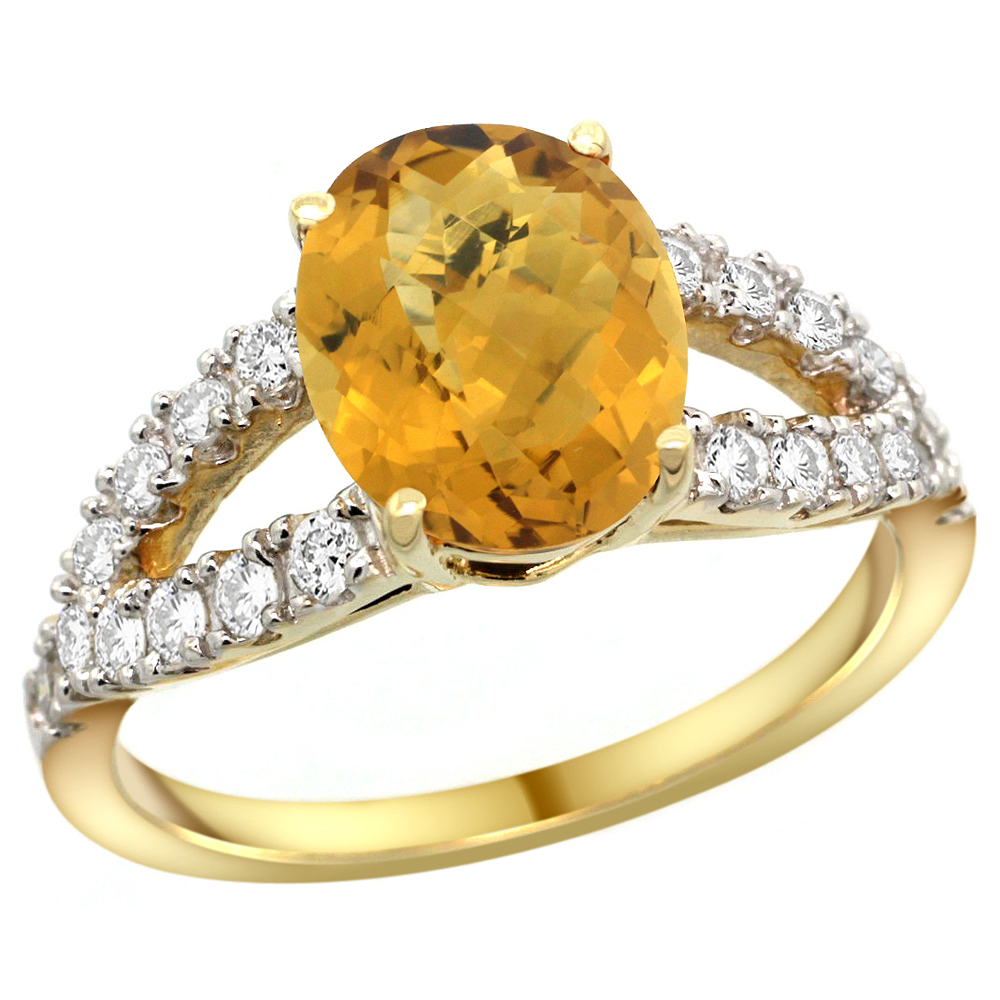 14k Yellow Gold Natural Whisky Quartz Ring Oval 10x8mm Diamond Accent, 3/8inch wide, sizes 5 - 10 
