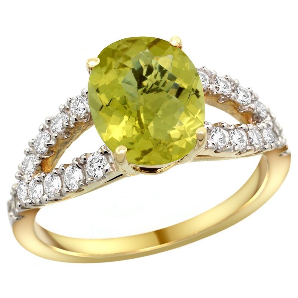 14k Yellow Gold Natural Lemon Quartz Ring Oval 10x8mm Diamond Accent, 3/8inch wide, sizes 5 - 10 